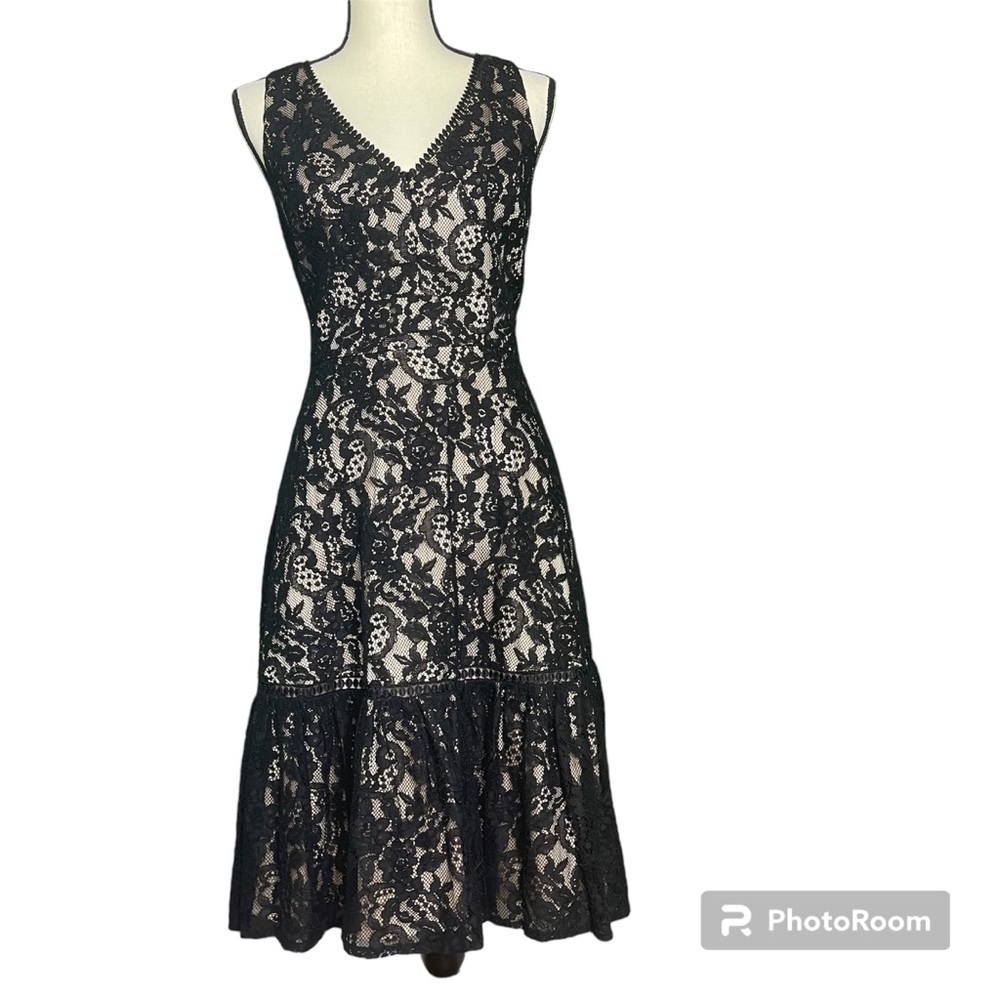 Eliza J black lace ruffle hem v neck dress 8